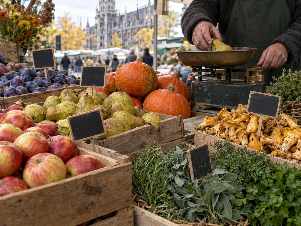 Viktualienmarkt München Stände: Obst, Gemüse und Pfifferlinge an einem Marktstand im Herbst