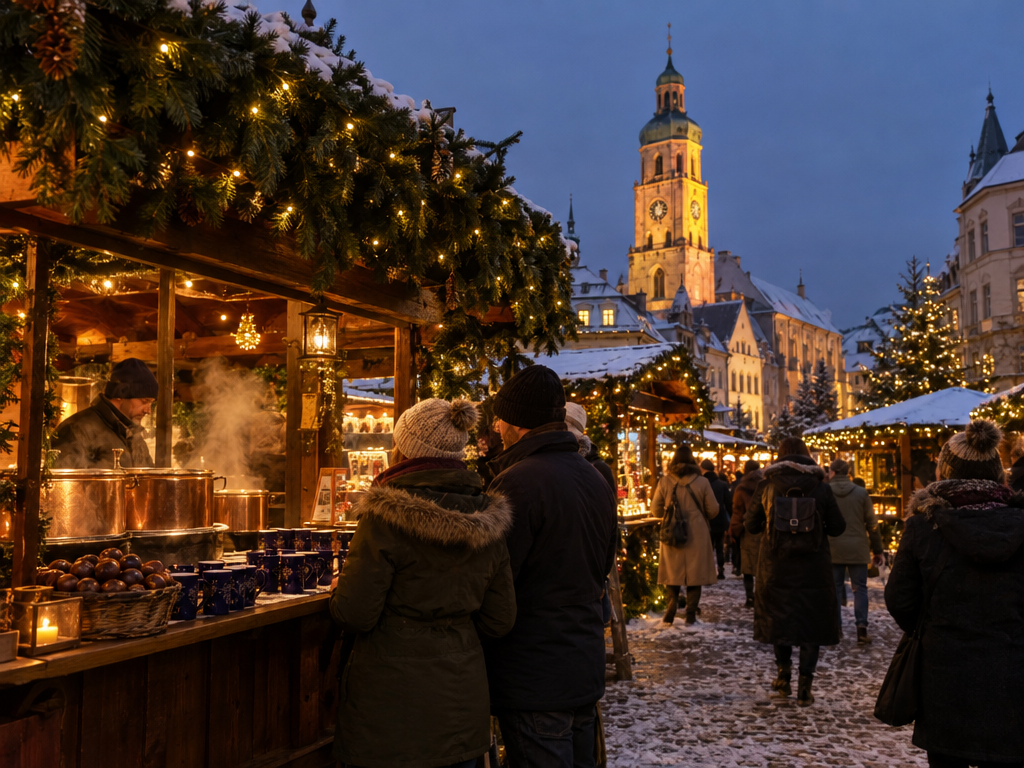Winterzauber am Viktualienmarkt: beleuchtete Marktstände mit Glühwein und Maroni in der Adventszeit
