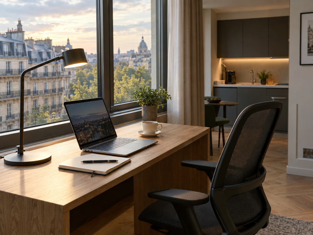 Cos'è un aparthotel: postazione di lavoro con laptop accanto alla finestra di un appartamento per viaggiatori d'affari