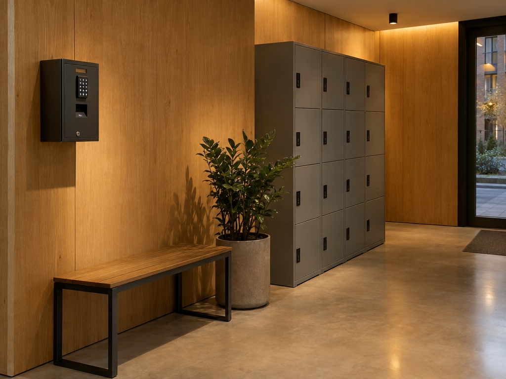 Cos'è un aparthotel: ingresso con terminale per il self check-in e armadietti per i bagagli