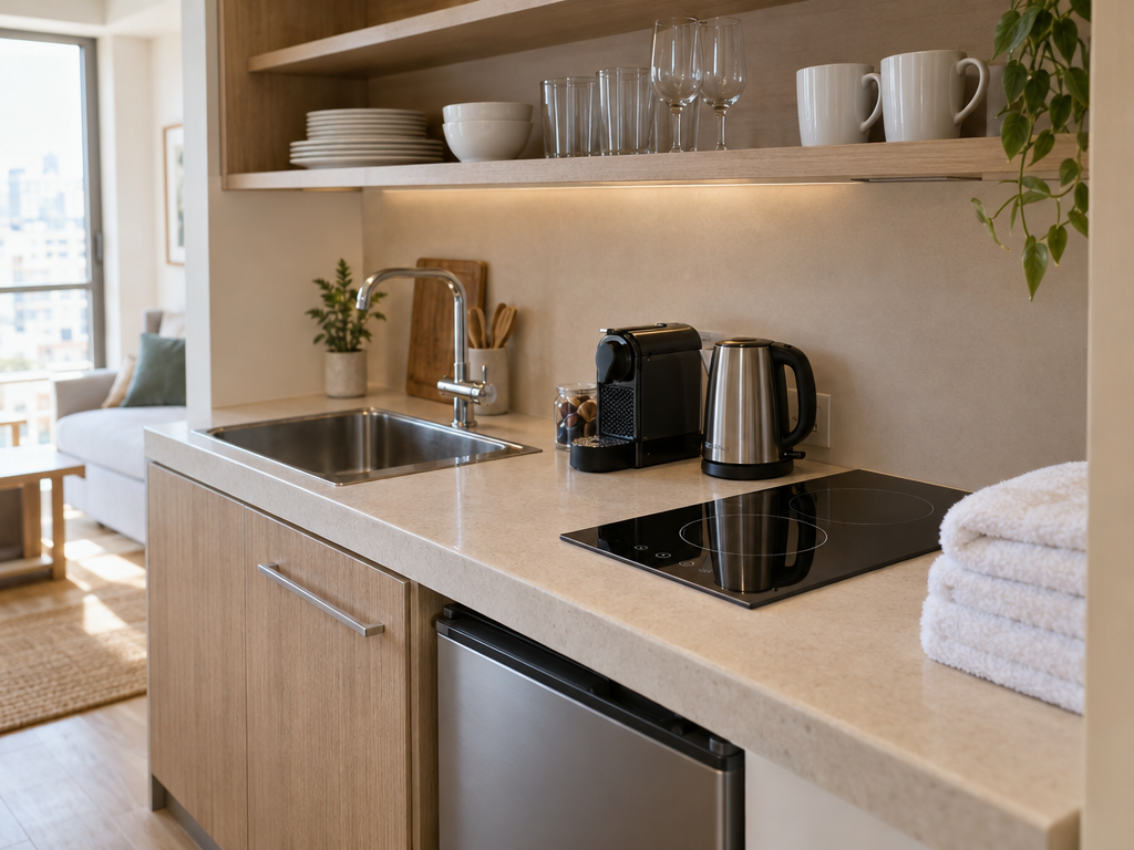 Cos'è un aparthotel: kitchenette con piano cottura, frigorifero, stoviglie e macchina del caffè nell'appartamento