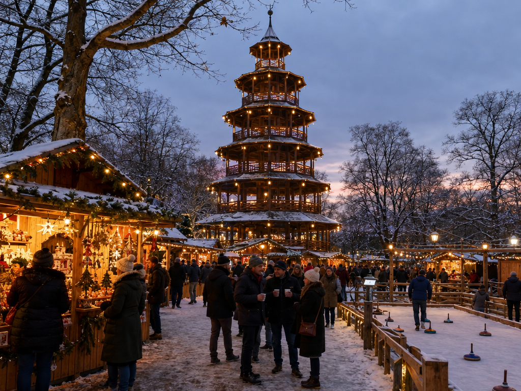Weihnachtsmarkt Chinesischer Turm München: beleuchteter Holzturm und Stände im Englischen Garten in der Dämmerung