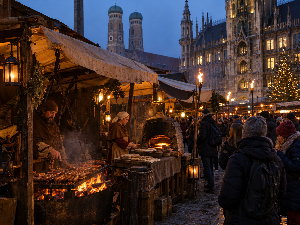 Mittelalterlicher Weihnachtsmarkt München: Holzhütten, Feuerstelle und Rostbratwürste auf dem Wittelsbacherplatz