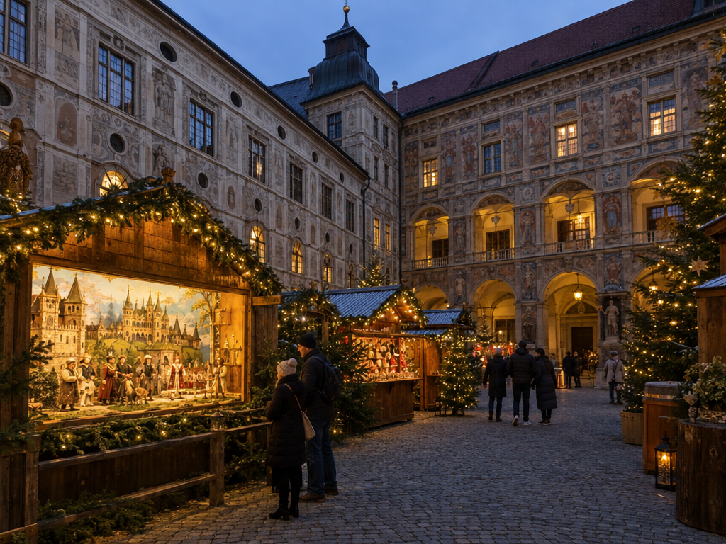 Weihnachtsmarkt München: Holzhütten und Märchenstation im Weihnachtsdorf im Kaiserhof der Residenz am Abend