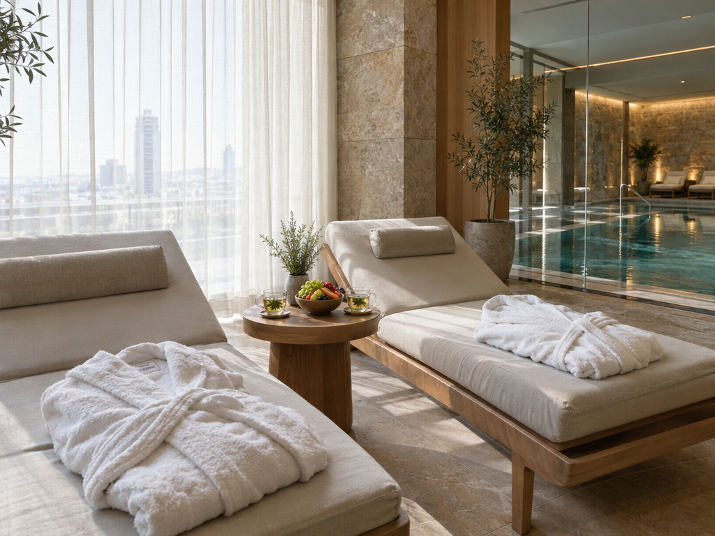Wellness München im Day Spa: Ruheraum mit zwei Liegen, weißen Bademänteln und Kräutertee, dahinter ein Hallenbecken hinter Glas