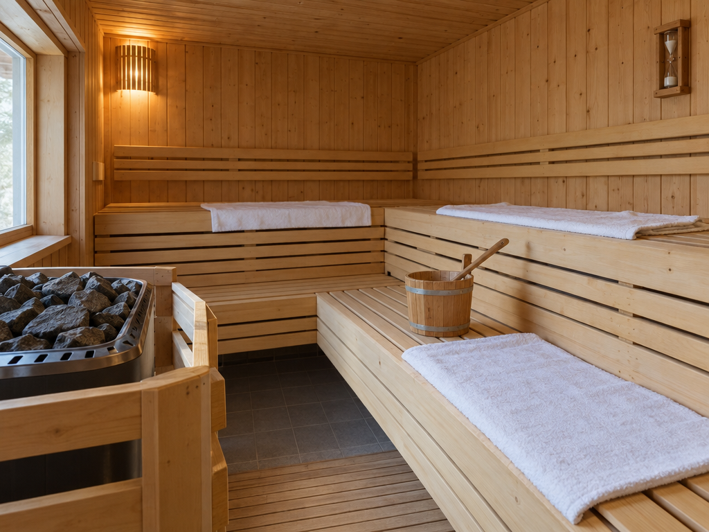 Sauna München: finnische Sauna mit Holzbänken, Saunaofen, Aufgusskübel und Sanduhr in einem öffentlichen Bad