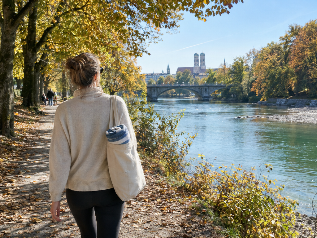 Wellness-Wochenende München: Frau mit Badetasche spaziert an einem sonnigen Herbstmorgen am baumbestandenen Isarufer, im Hintergrund eine Steinbrücke