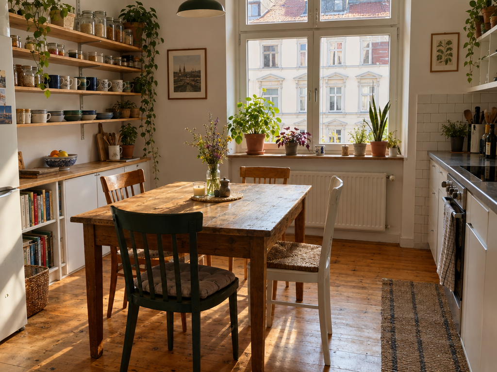 WG-Zimmer in München: Gemeinschaftsküche einer Wohngemeinschaft mit Esstisch und offenen Regalen