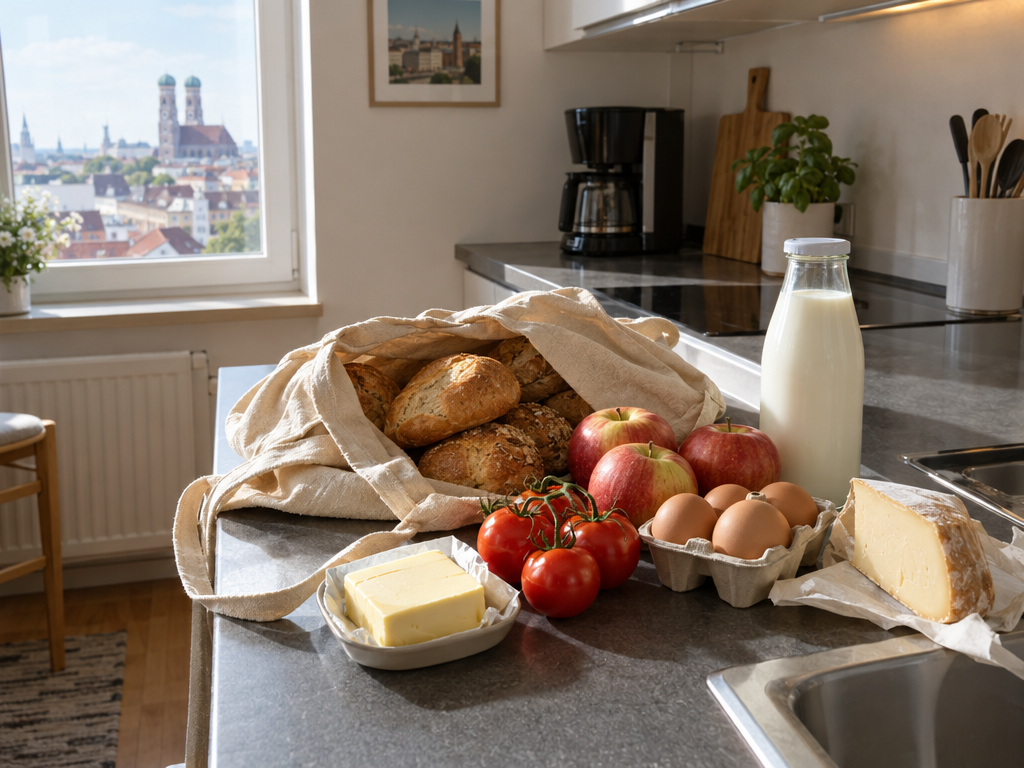 Wochenmarkt München Einkauf: Stofftasche mit Semmeln, Butter, Eiern, Äpfeln, Tomaten, Käse und Milch auf der Arbeitsplatte einer Apartmentküche