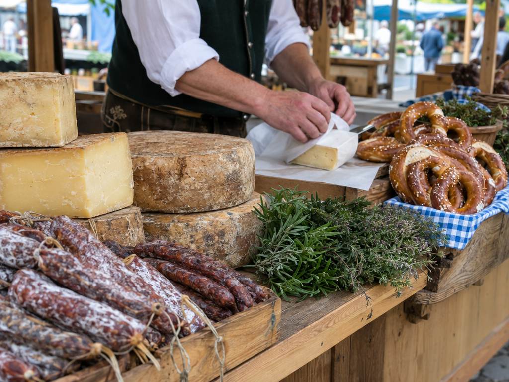 Markt in München: Holztheke eines Marktstands mit Bergkäse, Würsten, Brezen und Kräutern, Händlerin wickelt Käse in Papier