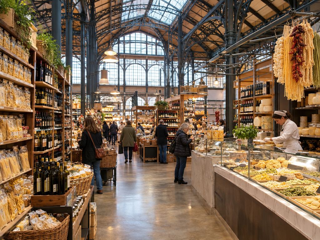 Schrannenhalle München: historische Markthalle aus Glas und Eisen mit Regalen voller Pasta, Olivenöl und Wein und einer Theke für frische Pasta