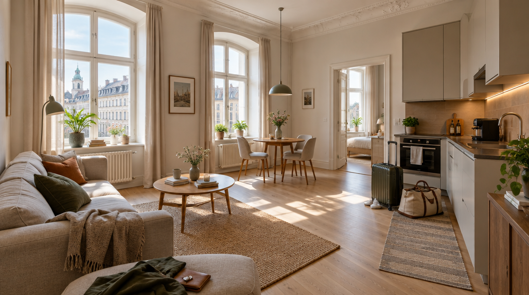 Wohnen auf Zeit München: möbliertes Apartment im Altbau im Lehel mit Wohnbereich und Küche