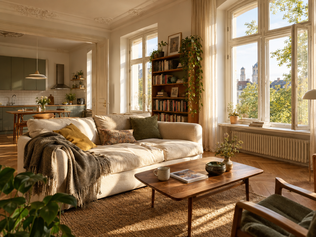 Helles Wohnzimmer im Altbau – Ihr Zuhause für Wohnen auf Zeit in München