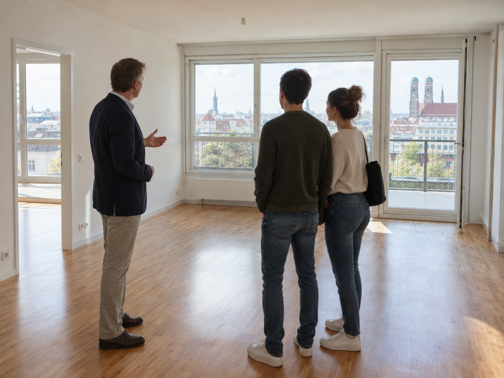 Visita di un appartamento a Monaco di Baviera: interessati in un soggiorno vuoto con grandi finestre