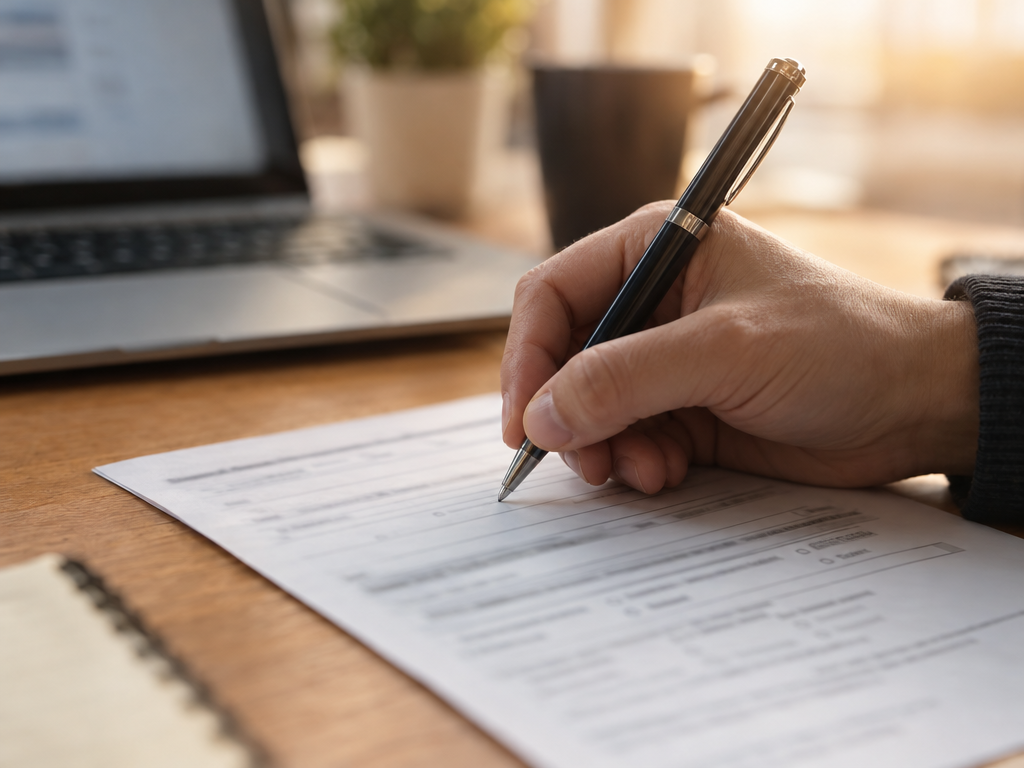 Wohnungsgeberbestätigung ausfüllen: Hand mit Stift auf einem Formular am Schreibtisch