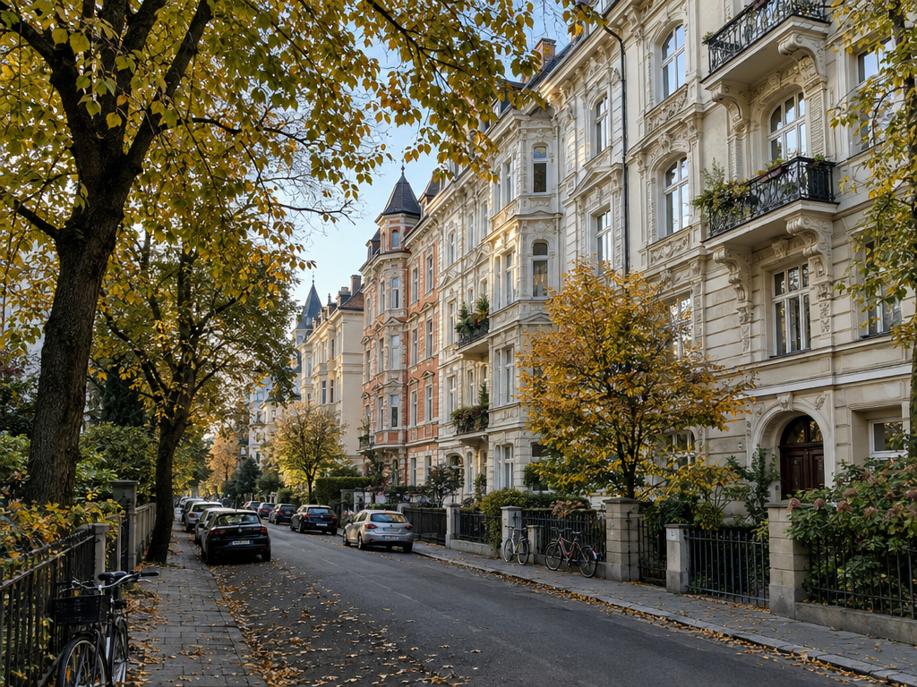 Wohnungsgeberbestätigung München: Altbaufassaden im Lehel an einem Herbsttag