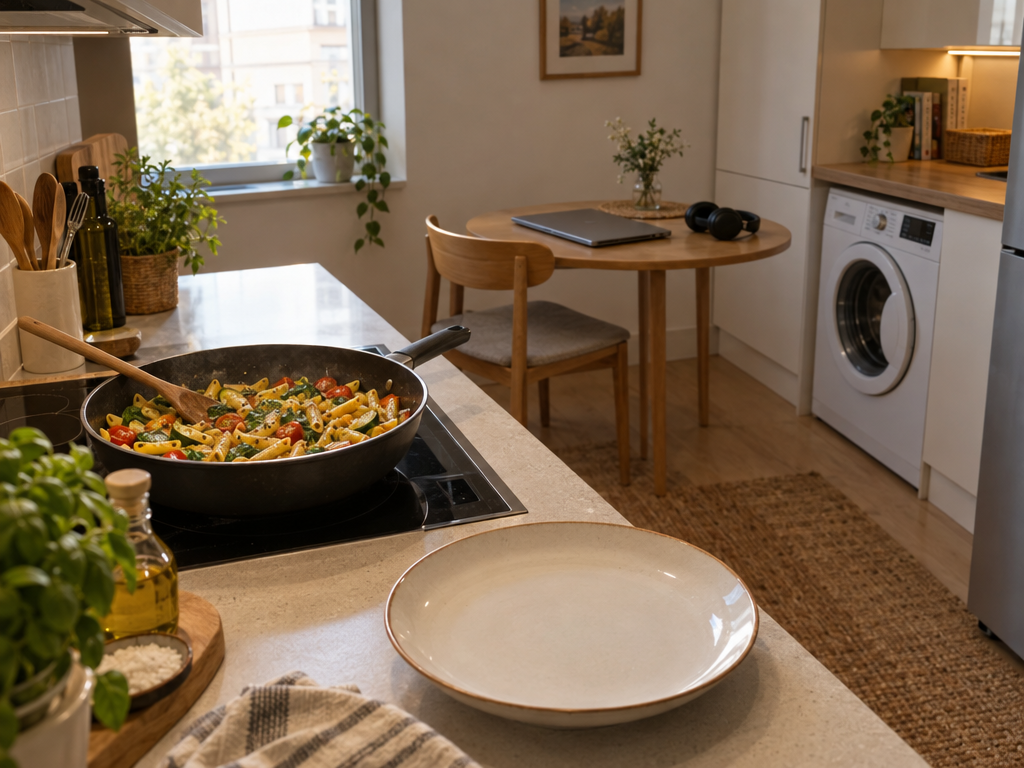 Workation-Apartment: Pasta auf dem Herd in einer kleinen Küche, im Hintergrund Laptop, Kopfhörer und eingebaute Waschmaschine