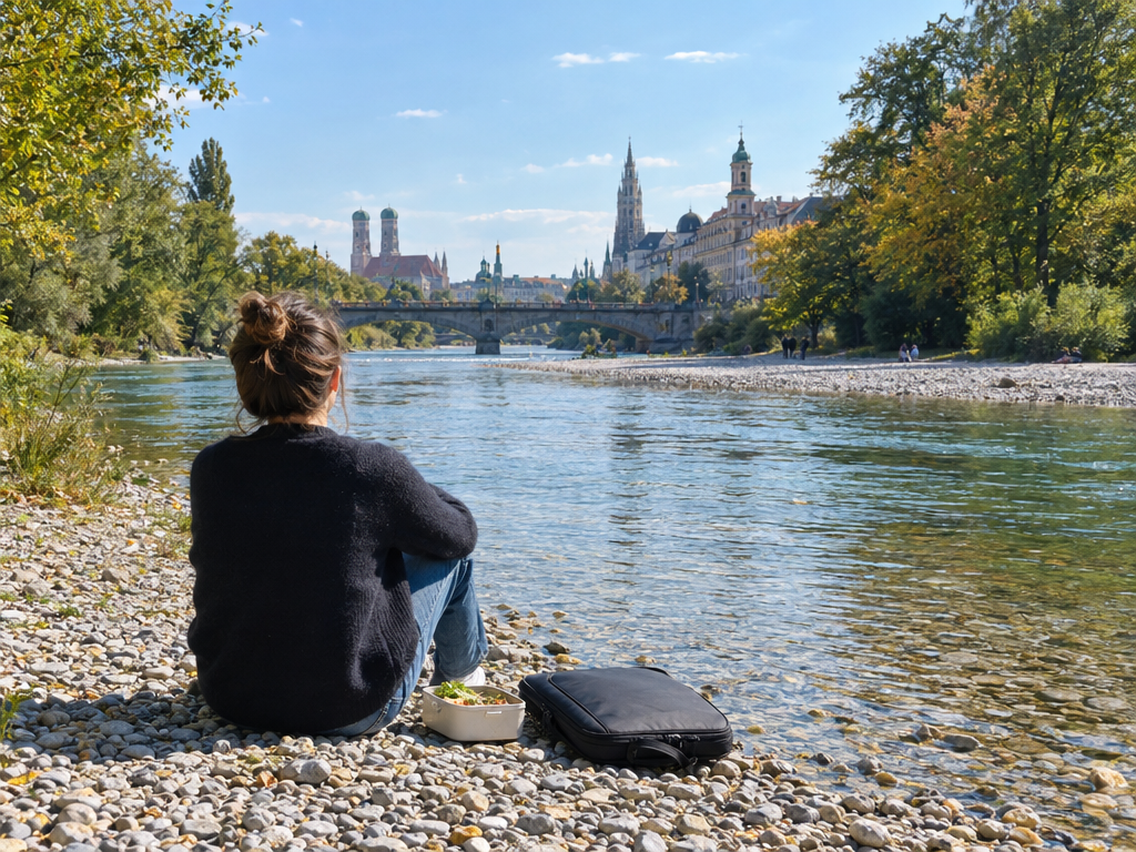 Workation in München: Person macht Mittagspause am Kiesufer der Isar, daneben Lunchbox und Laptoptasche, im Hintergrund eine Steinbrücke