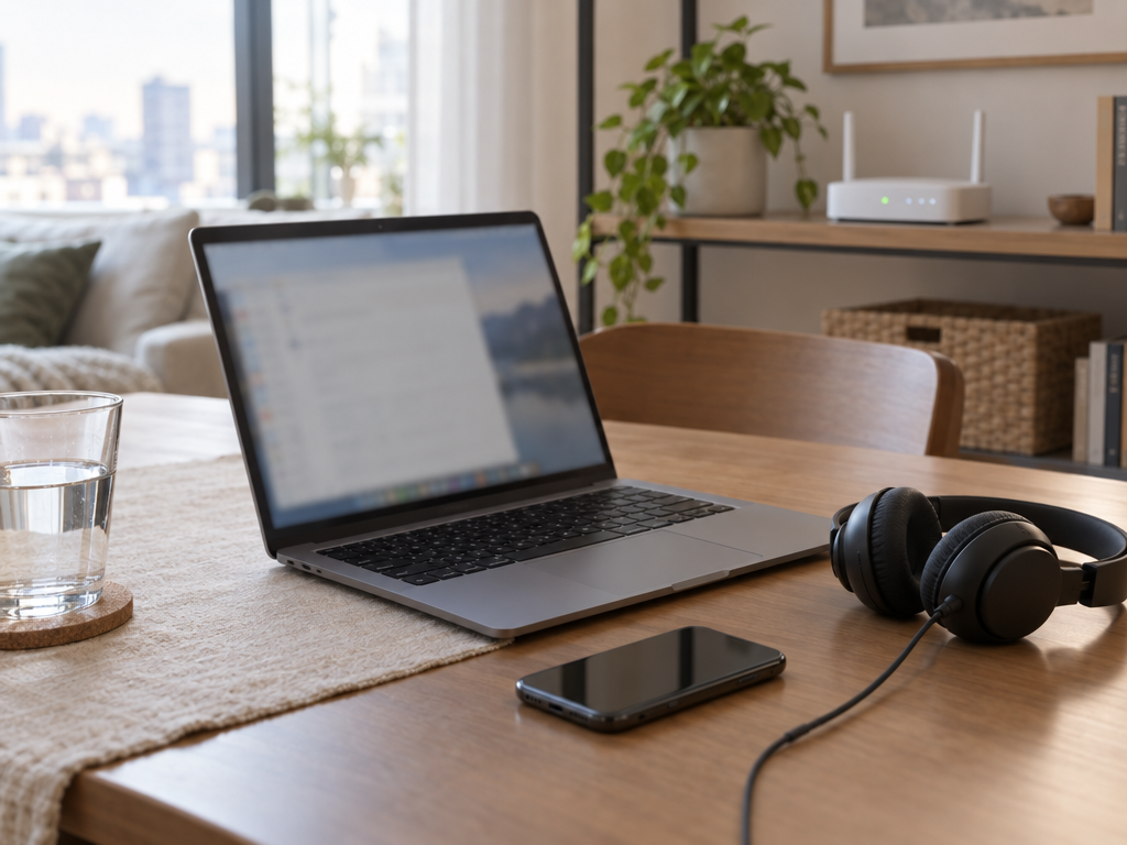 Ferienwohnung mit WLAN für die Workation: Laptop, Headset und Smartphone auf dem Esstisch, im Hintergrund ein WLAN-Router